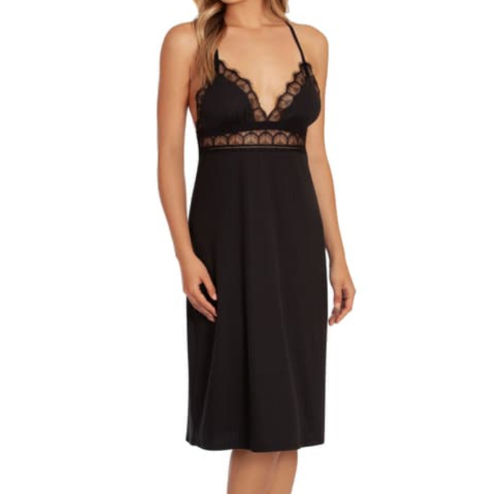 Lace Racerback Ribbed Knit Midi Gown In Black